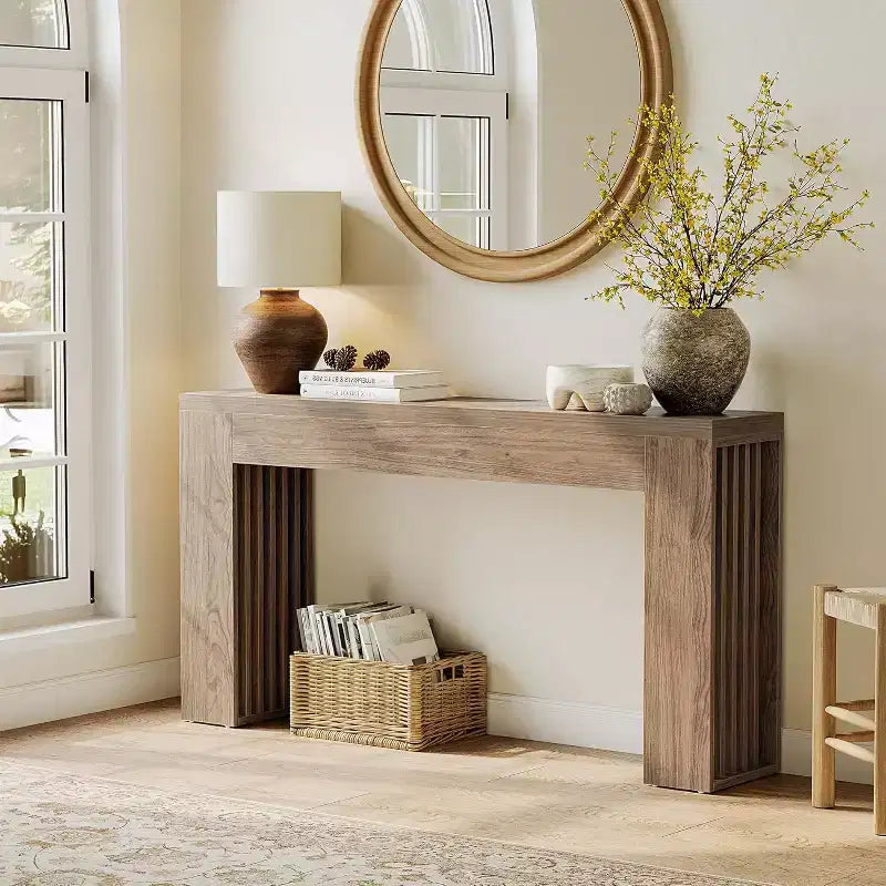 Console Lantine per ingresso, tavolino stretto e lungo da 59" in stile rustico per divano, dietro al divano, corridoio, ingresso, soggiorno, atrio, noce