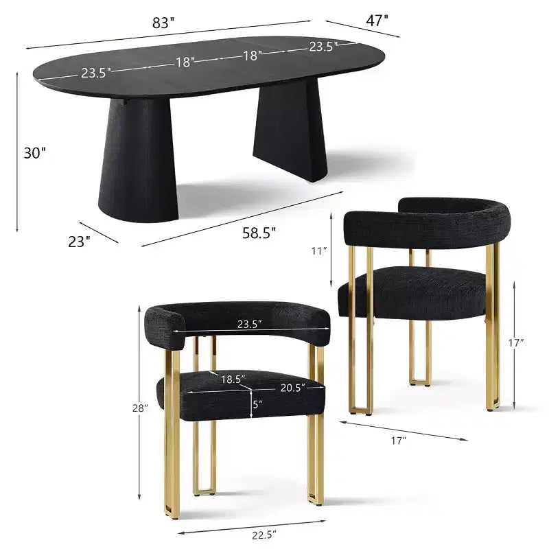 Set da pranzo estensibile 47-83 per 6 persone, tavolo nero e poltrone in ciniglia con gambe in metallo dorato, perfetto per spazi pranzo moderni-Panipeachy