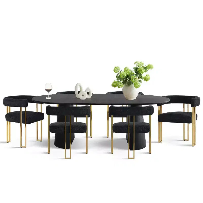 Set da pranzo estensibile 47-83 per 6 persone, tavolo nero e poltrone in ciniglia con gambe in metallo dorato, perfetto per spazi pranzo moderni-Panipeachy