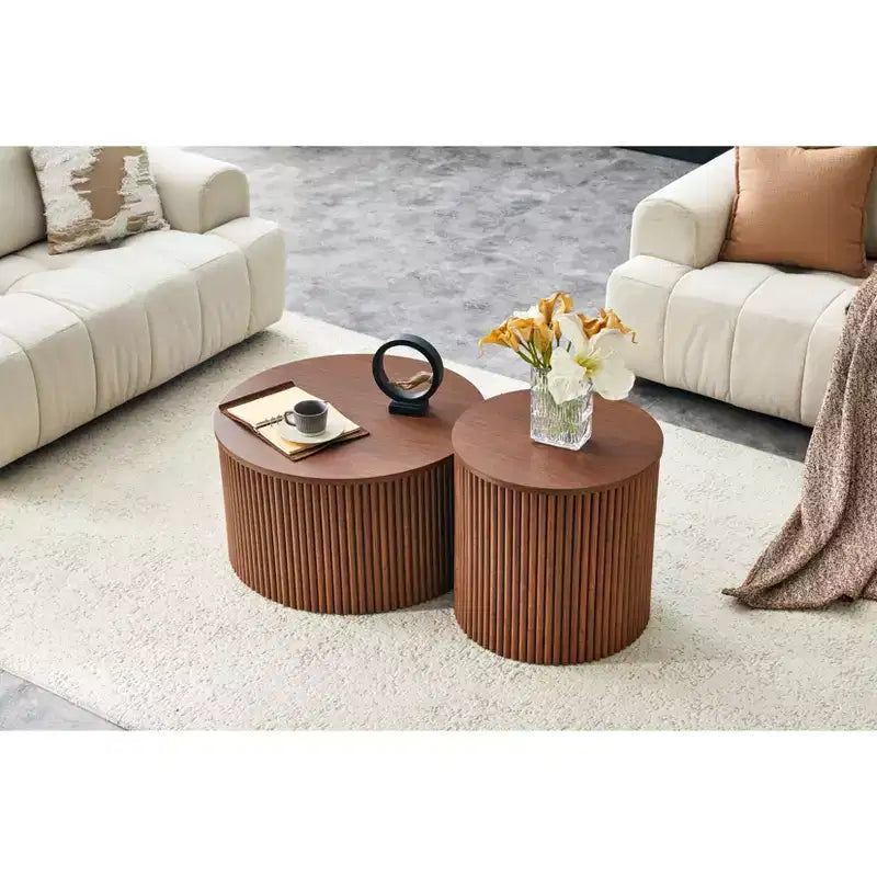 2-Piece Nesting Coffee Table Set with Roman Column Design and Hidden Storage, Wood Grain Finish for Living Room