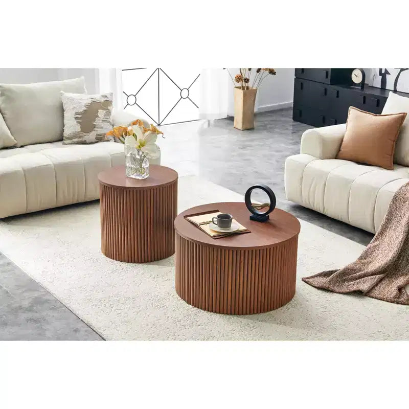 Set di 2 tavolini da caffè sovrapponibili con design a colonna romana e contenitore nascosto, finitura effetto legno per soggiorno