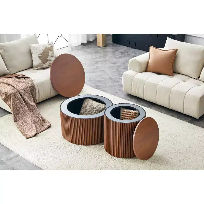 Set di 2 tavolini da caffè sovrapponibili con design a colonna romana e contenitore nascosto, finitura effetto legno per soggiorno