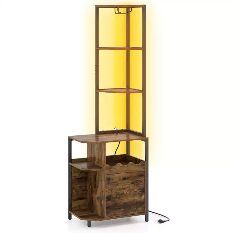 Mobile bar angolare Costway con luci LED e stazione di ricarica, porta bicchieri, ripiani aperti