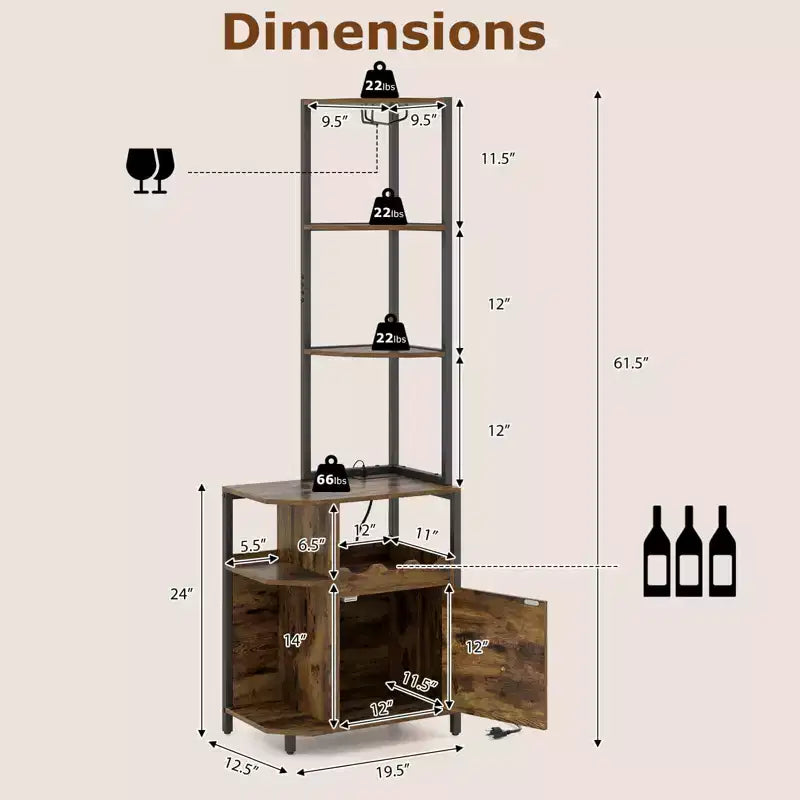 Mobile bar angolare Costway con luci LED e stazione di ricarica, porta bicchieri, ripiani aperti