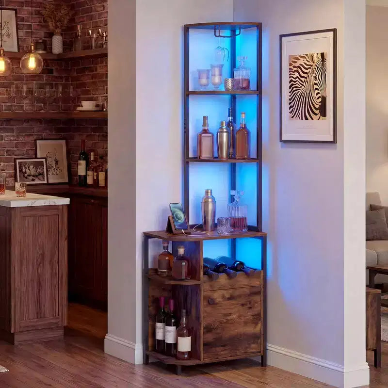 Mobile bar angolare Costway con luci LED e stazione di ricarica, porta bicchieri, ripiani aperti