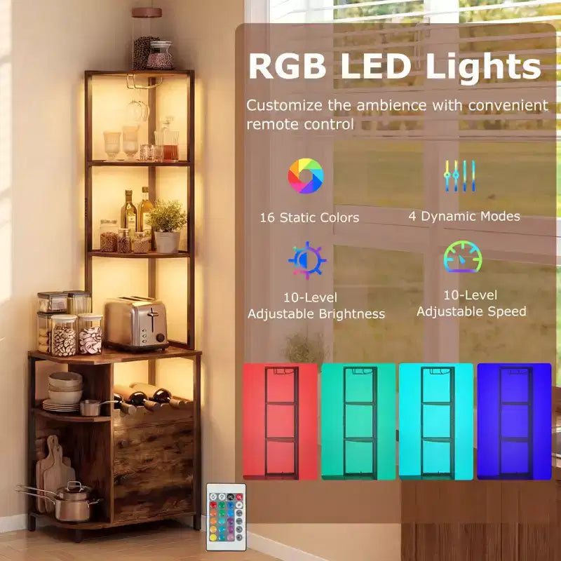 Mobile bar angolare Costway con luci LED e stazione di ricarica, porta bicchieri, ripiani aperti