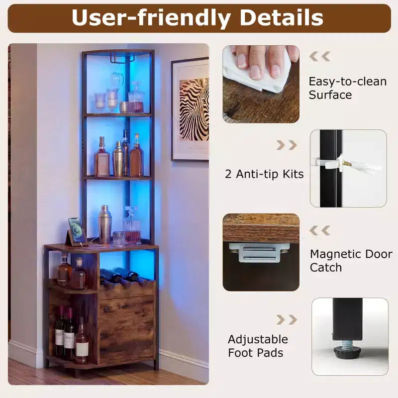 Mobile bar angolare Costway con luci LED e stazione di ricarica, porta bicchieri, ripiani aperti