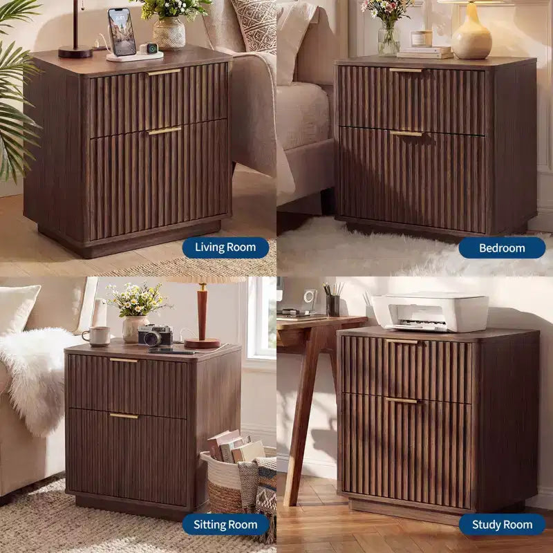 Comodino scanalato con stazione di ricarica, Comodino a 2 cassetti Mid-Century da 23 pollici, Tavolino moderno curvo per camera da letto e soggiorno