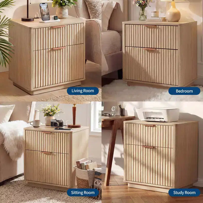 Comodino scanalato con stazione di ricarica, Comodino a 2 cassetti Mid-Century da 23 pollici, Tavolino moderno curvo per camera da letto e soggiorno