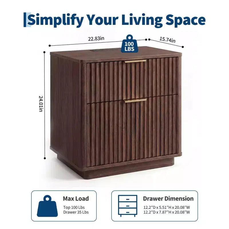 Comodino scanalato con stazione di ricarica, Comodino a 2 cassetti Mid-Century da 23 pollici, Tavolino moderno curvo per camera da letto e soggiorno
