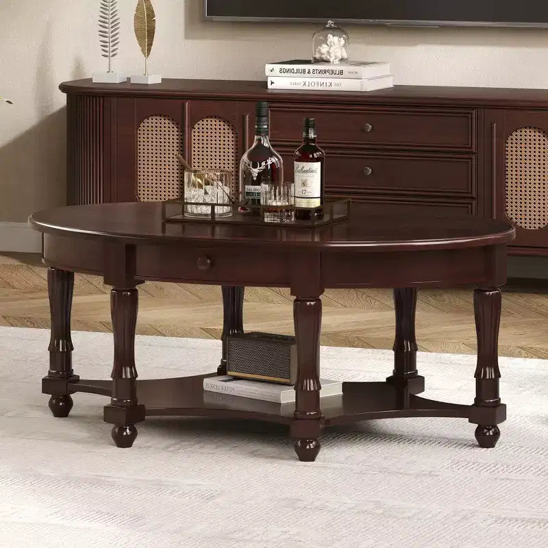 Tavolino da caffè ovale Whisen in stile rustico francese con cassetto e ripiano inferiore per il soggiorno