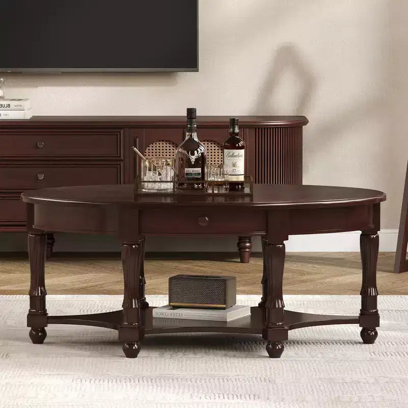 Tavolino da caffè ovale Whisen in stile rustico francese con cassetto e ripiano inferiore per il soggiorno