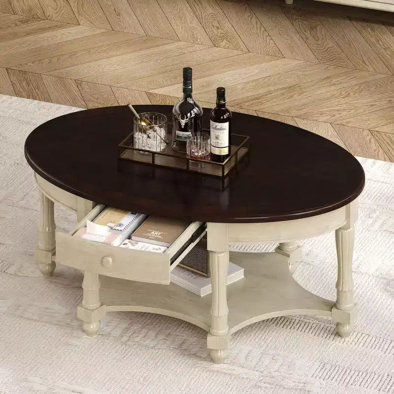 Tavolino da caffè ovale Whisen in stile rustico francese con cassetto e ripiano inferiore per il soggiorno