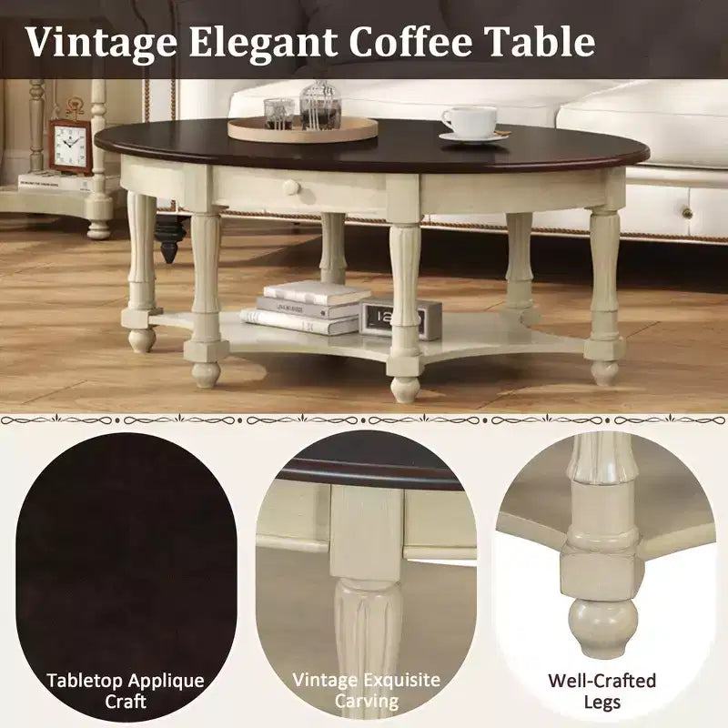 Tavolino da caffè ovale Whisen in stile rustico francese con cassetto e ripiano inferiore per il soggiorno