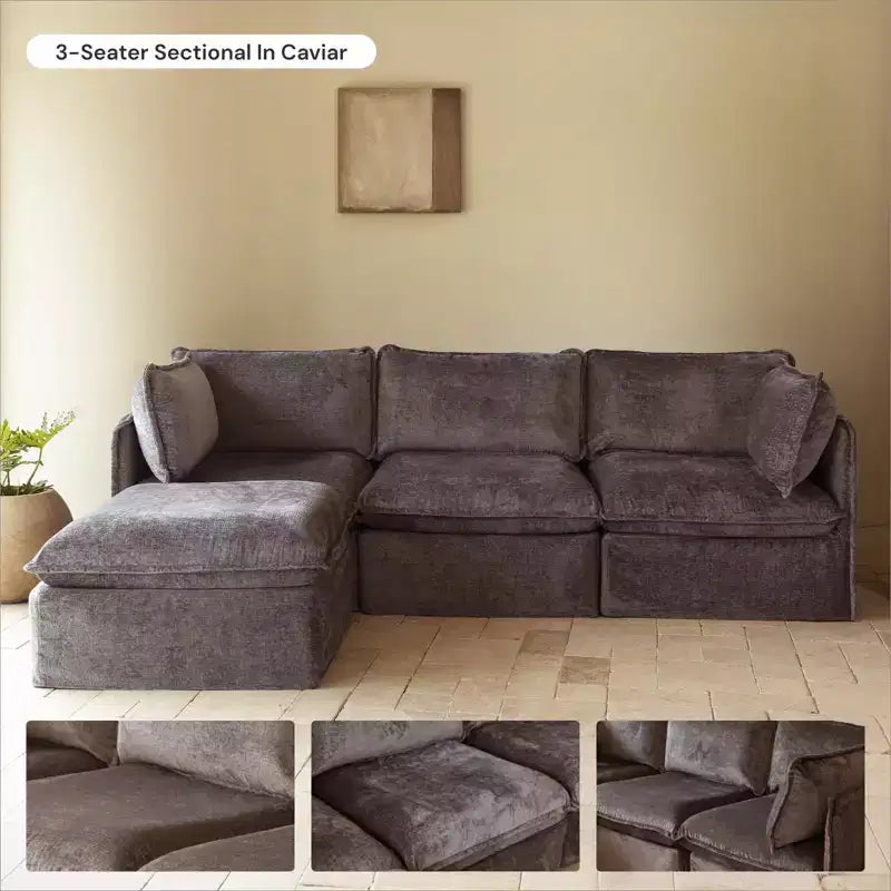 Divano Angolare Componibile Anabei Lavabile a 5 Posti con Elementi Terminali Aperti + Pouf | Seduta Memorix+ e Cuscino Contour