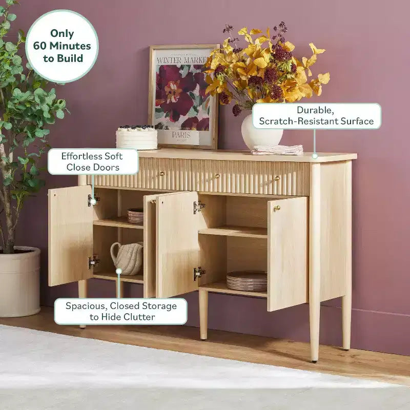 Credenza in legno scanalato moderno da 58" facile da montare con contenitore