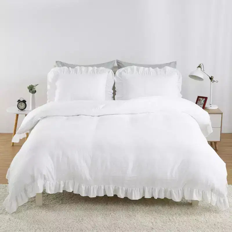 Vintage Ruffle Fringe Duvet Cover Set  Soft Microfiber, Shabby Chic Farmhouse Bedding, 1 Duvet Cover & 2 Pillowcases  Size (90x90 Inch)