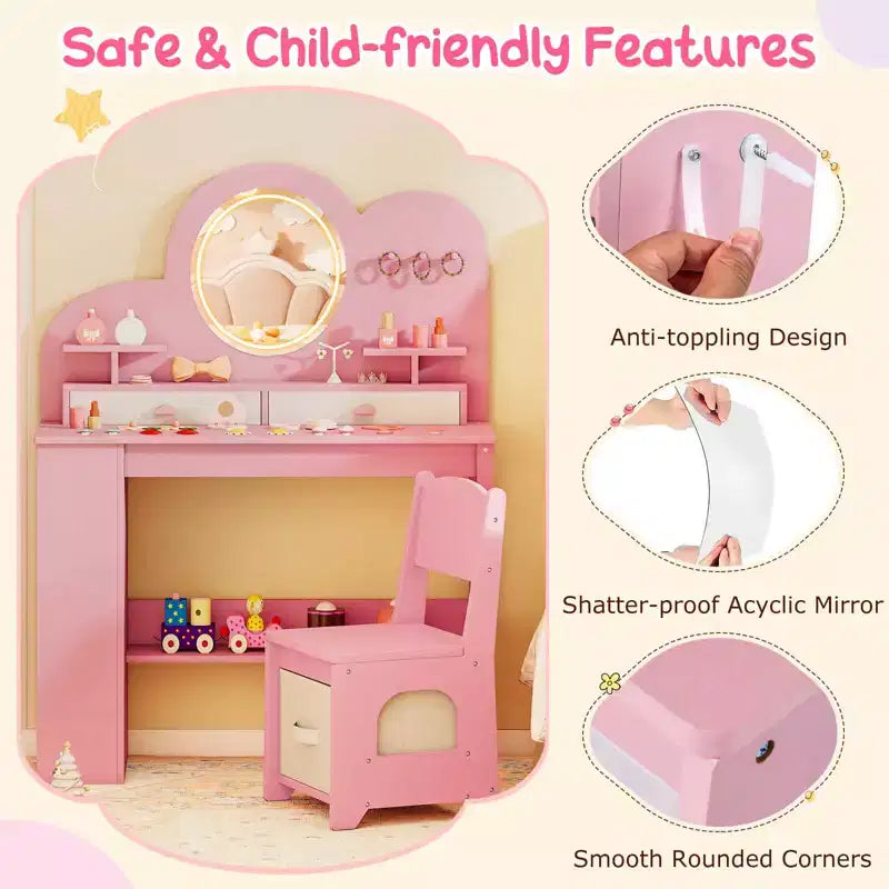 Costway Toeletta per Bambini con Luci, 2 Cassetti e Libreria a 2 Ripiani, 3 Ganci e 2 Ripiani Aperti Bianco/Rosa