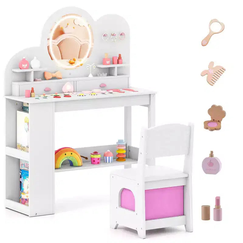 Costway Toeletta per Bambini con Luci, 2 Cassetti e Libreria a 2 Ripiani, 3 Ganci e 2 Ripiani Aperti Bianco/Rosa