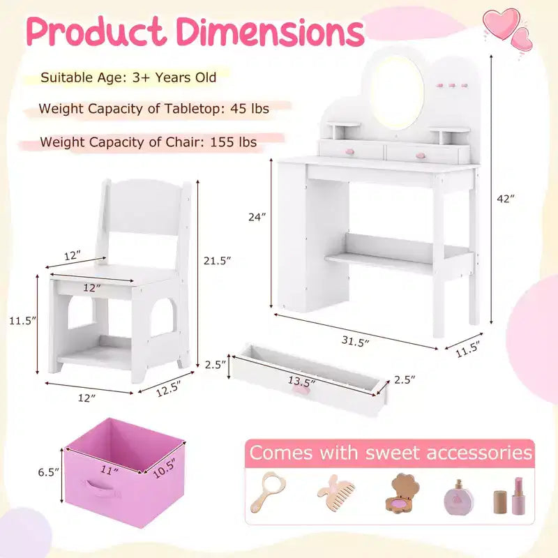 Costway Toeletta per Bambini con Luci, 2 Cassetti e Libreria a 2 Ripiani, 3 Ganci e 2 Ripiani Aperti Bianco/Rosa