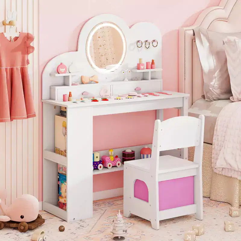 Costway Toeletta per Bambini con Luci, 2 Cassetti e Libreria a 2 Ripiani, 3 Ganci e 2 Ripiani Aperti Bianco/Rosa