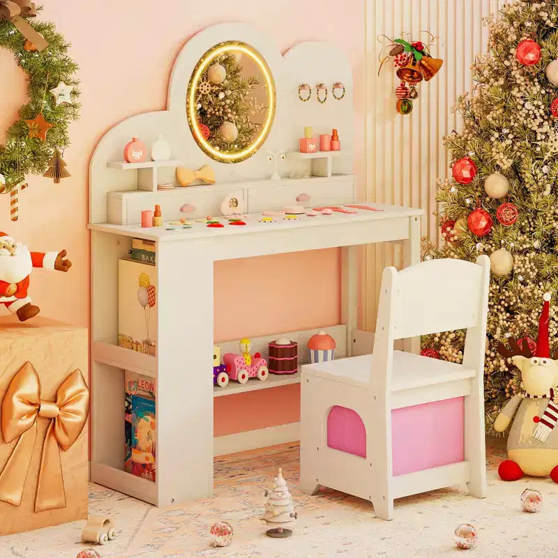 Costway Toeletta per Bambini con Luci, 2 Cassetti e Libreria a 2 Ripiani, 3 Ganci e 2 Ripiani Aperti Bianco/Rosa