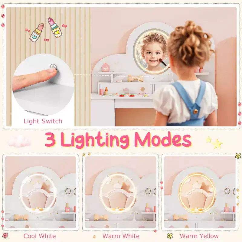Costway Toeletta per Bambini con Luci, 2 Cassetti e Libreria a 2 Ripiani, 3 Ganci e 2 Ripiani Aperti Bianco/Rosa