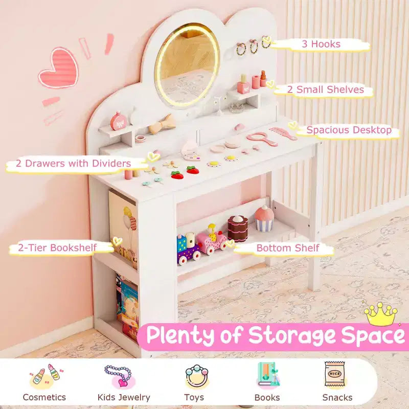 Costway Toeletta per Bambini con Luci, 2 Cassetti e Libreria a 2 Ripiani, 3 Ganci e 2 Ripiani Aperti Bianco/Rosa