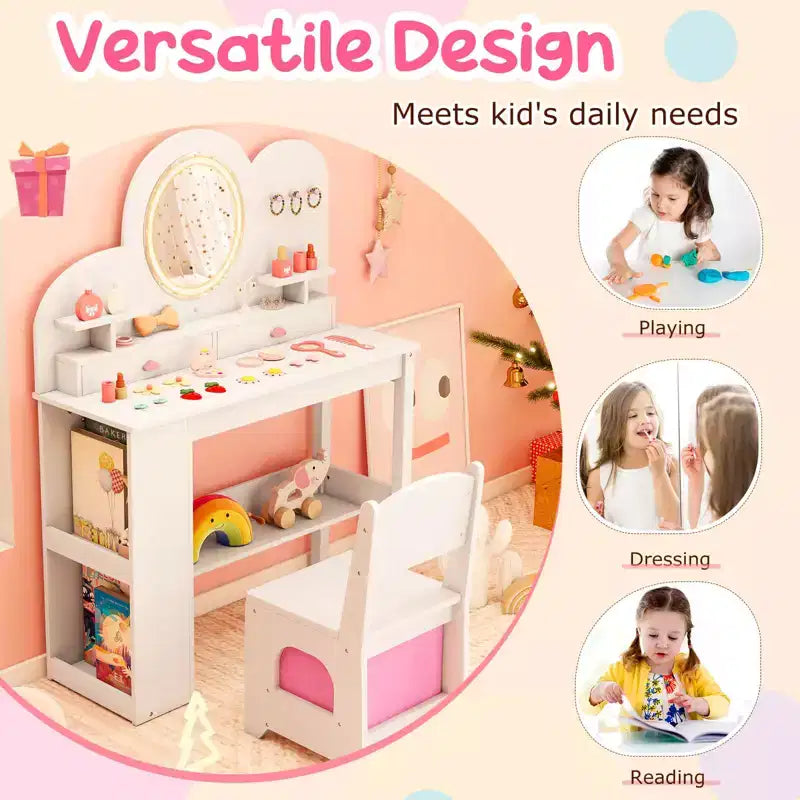 Costway Toeletta per Bambini con Luci, 2 Cassetti e Libreria a 2 Ripiani, 3 Ganci e 2 Ripiani Aperti Bianco/Rosa