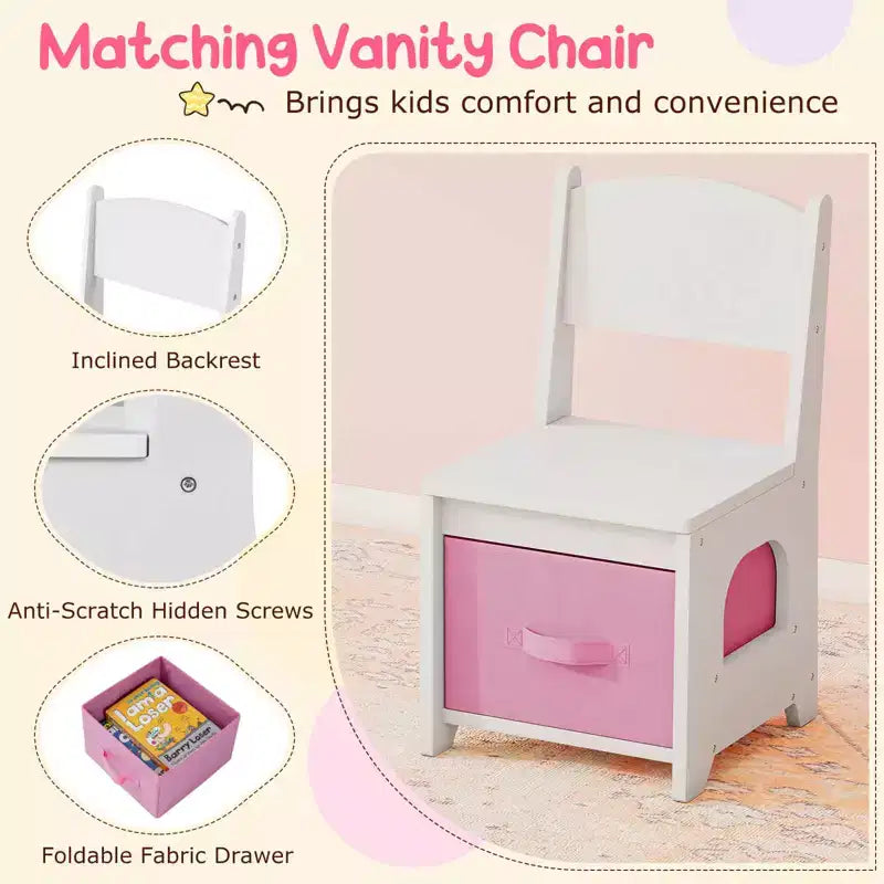 Costway Toeletta per Bambini con Luci, 2 Cassetti e Libreria a 2 Ripiani, 3 Ganci e 2 Ripiani Aperti Bianco/Rosa