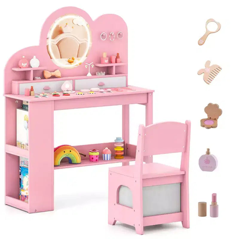 Costway Toeletta per Bambini con Luci, 2 Cassetti e Libreria a 2 Ripiani, 3 Ganci e 2 Ripiani Aperti Bianco/Rosa
