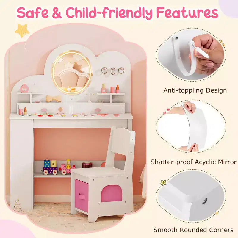 Costway Toeletta per Bambini con Luci, 2 Cassetti e Libreria a 2 Ripiani, 3 Ganci e 2 Ripiani Aperti Bianco/Rosa
