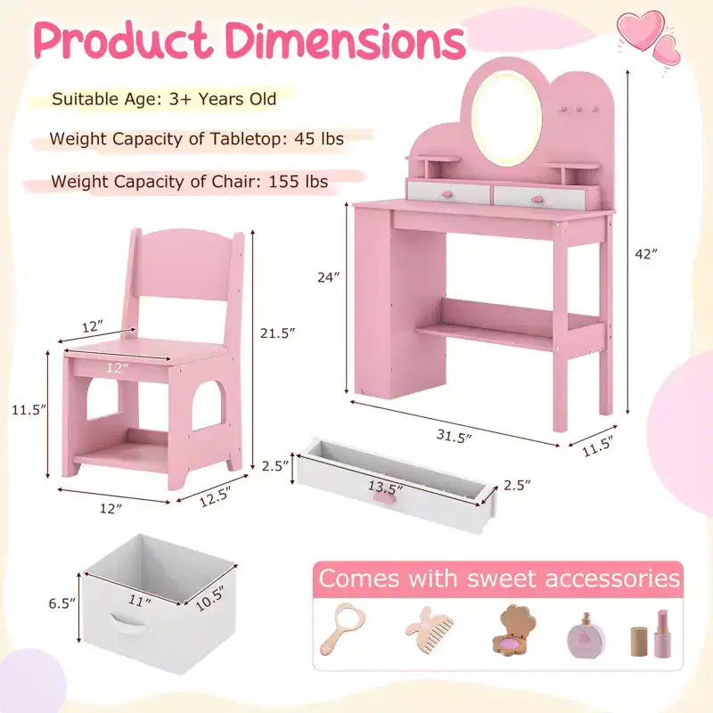 Costway Toeletta per Bambini con Luci, 2 Cassetti e Libreria a 2 Ripiani, 3 Ganci e 2 Ripiani Aperti Bianco/Rosa