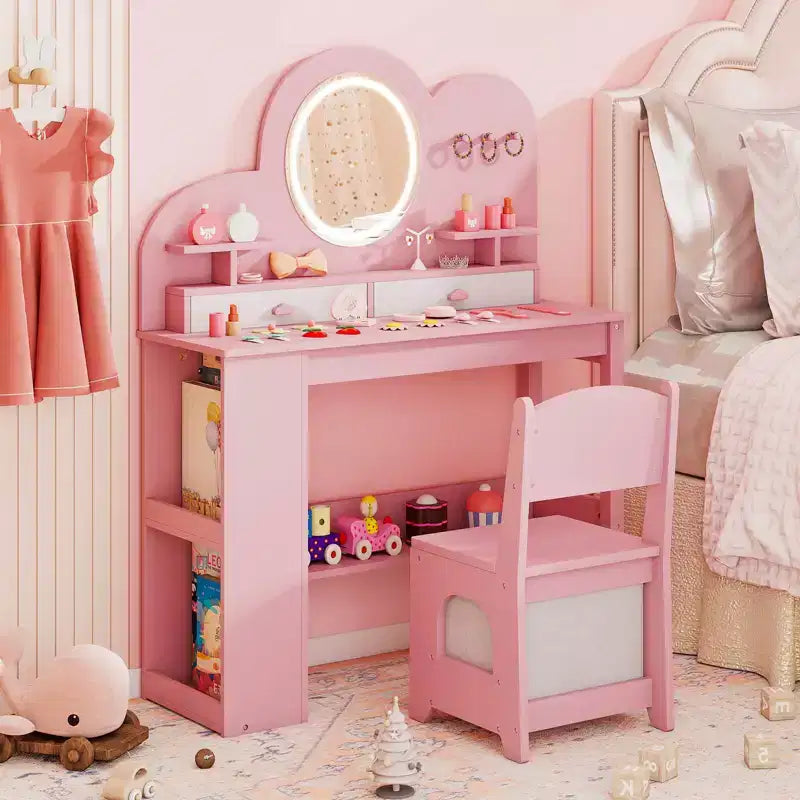 Costway Toeletta per Bambini con Luci, 2 Cassetti e Libreria a 2 Ripiani, 3 Ganci e 2 Ripiani Aperti Bianco/Rosa