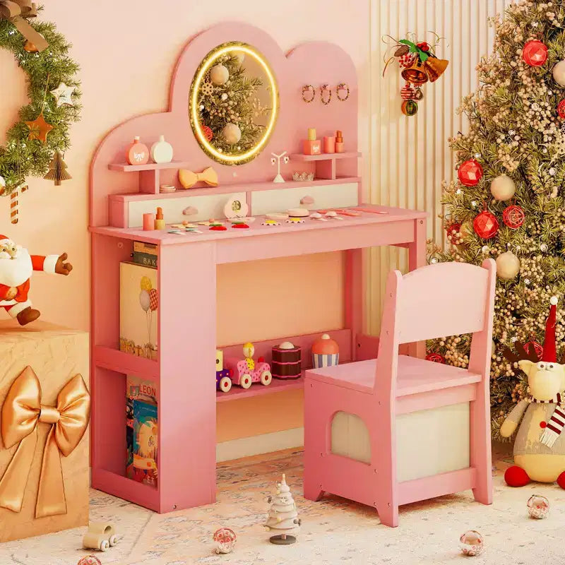 Costway Toeletta per Bambini con Luci, 2 Cassetti e Libreria a 2 Ripiani, 3 Ganci e 2 Ripiani Aperti Bianco/Rosa