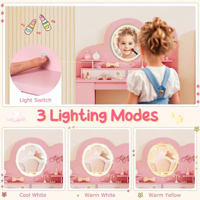 Costway Toeletta per Bambini con Luci, 2 Cassetti e Libreria a 2 Ripiani, 3 Ganci e 2 Ripiani Aperti Bianco/Rosa