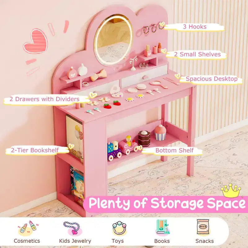 Costway Toeletta per Bambini con Luci, 2 Cassetti e Libreria a 2 Ripiani, 3 Ganci e 2 Ripiani Aperti Bianco/Rosa