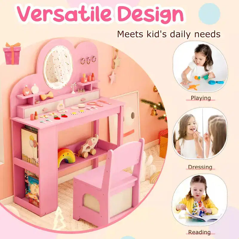 Costway Toeletta per Bambini con Luci, 2 Cassetti e Libreria a 2 Ripiani, 3 Ganci e 2 Ripiani Aperti Bianco/Rosa