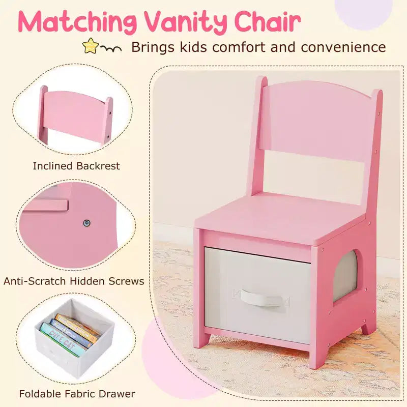 Costway Toeletta per Bambini con Luci, 2 Cassetti e Libreria a 2 Ripiani, 3 Ganci e 2 Ripiani Aperti Bianco/Rosa