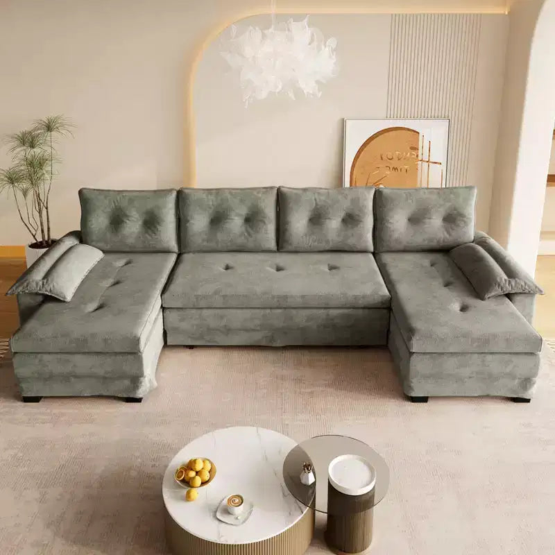 GDFStudio Yuna Divano Letto Moderno a U da 110 cm in Ferro e Legno con Rivestimento in Ciniglia, Letto Estraibile e Porte USB
