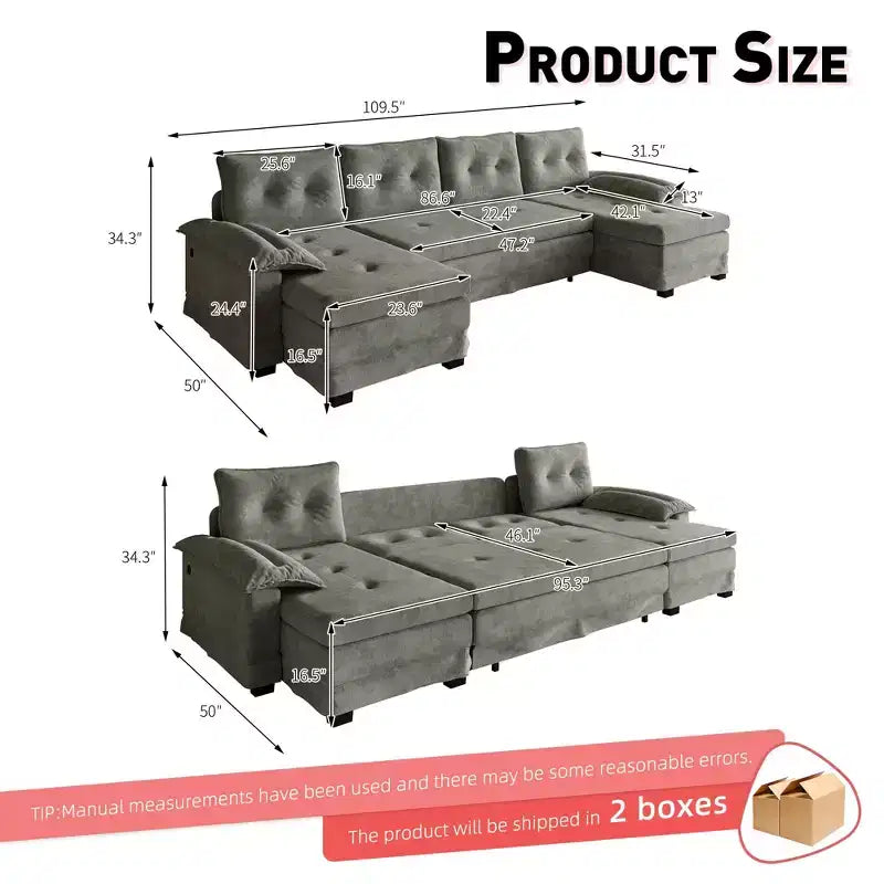 GDFStudio Yuna Divano Letto Moderno a U da 110 cm in Ferro e Legno con Rivestimento in Ciniglia, Letto Estraibile e Porte USB