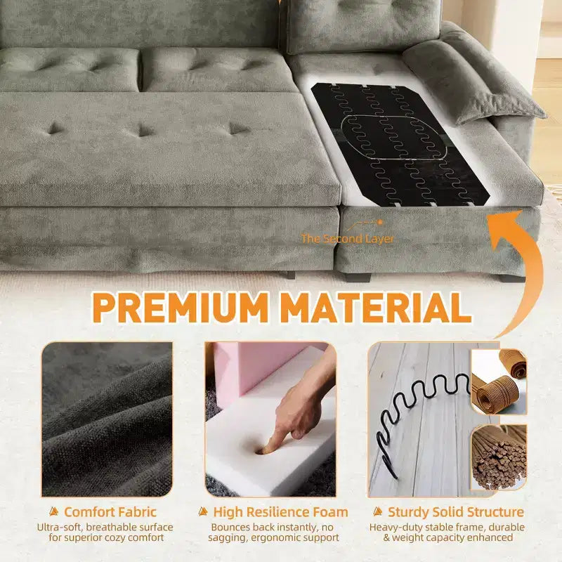 GDFStudio Yuna Divano Letto Moderno a U da 110 cm in Ferro e Legno con Rivestimento in Ciniglia, Letto Estraibile e Porte USB