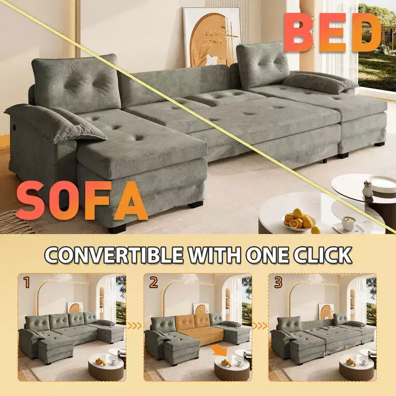 GDFStudio Yuna Divano Letto Moderno a U da 110 cm in Ferro e Legno con Rivestimento in Ciniglia, Letto Estraibile e Porte USB