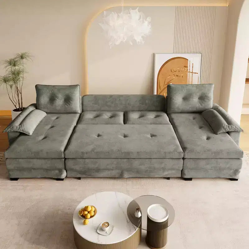 GDFStudio Yuna Divano Letto Moderno a U da 110 cm in Ferro e Legno con Rivestimento in Ciniglia, Letto Estraibile e Porte USB
