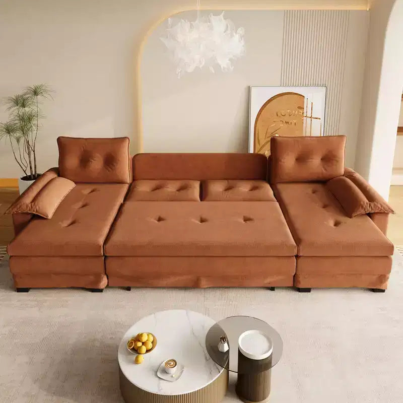 GDFStudio Yuna Divano Letto Moderno a U da 110 cm in Ferro e Legno con Rivestimento in Ciniglia, Letto Estraibile e Porte USB