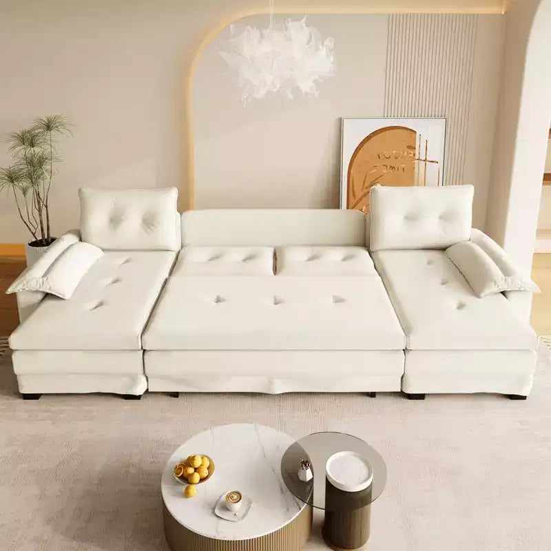 GDFStudio Yuna Divano Letto Moderno a U da 110 cm in Ferro e Legno con Rivestimento in Ciniglia, Letto Estraibile e Porte USB
