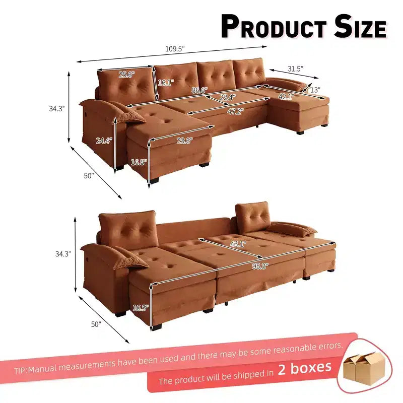 GDFStudio Yuna Divano Letto Moderno a U da 110 cm in Ferro e Legno con Rivestimento in Ciniglia, Letto Estraibile e Porte USB