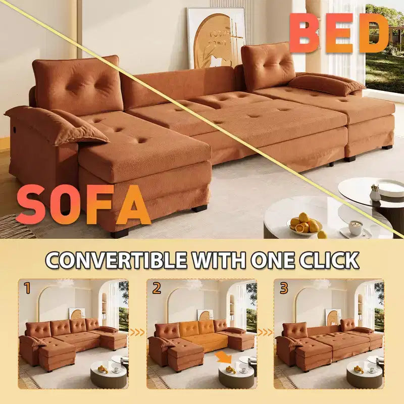 GDFStudio Yuna Divano Letto Moderno a U da 110 cm in Ferro e Legno con Rivestimento in Ciniglia, Letto Estraibile e Porte USB