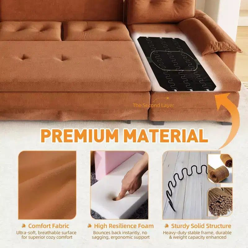GDFStudio Yuna Divano Letto Moderno a U da 110 cm in Ferro e Legno con Rivestimento in Ciniglia, Letto Estraibile e Porte USB