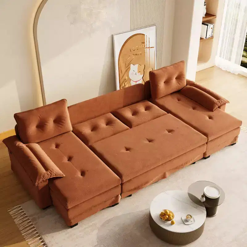 GDFStudio Yuna Divano Letto Moderno a U da 110 cm in Ferro e Legno con Rivestimento in Ciniglia, Letto Estraibile e Porte USB
